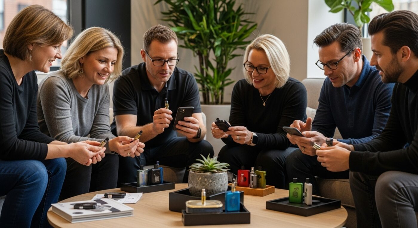 premium vape brands, cannabis vape lounge, educational scene